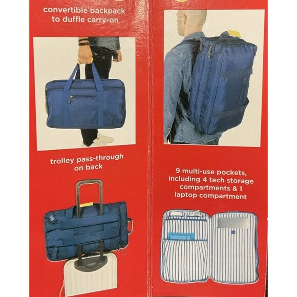 Love Taza 2-in-1 Travel Carry On Duffel Bag Backpack - Navy - Picture 2 of 4